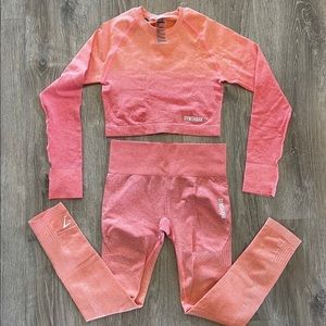 GymShark Matching Set - Leggings and Crop Top Long Sleeve Set - Pink Orange